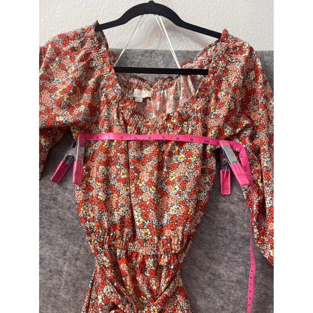 LOFT Outlet Orange Red Floral Long Sleeve Mini Dress Belted Size 2 - Picture 10 of 15